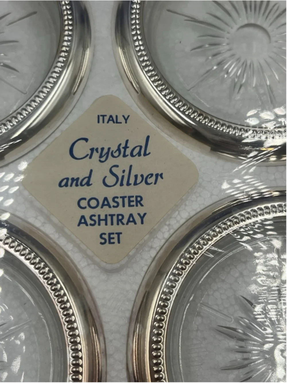 VTG Leonard Crystal Silver Plated 4 Coasters Starburst Pattern ITALY 25th Anniv